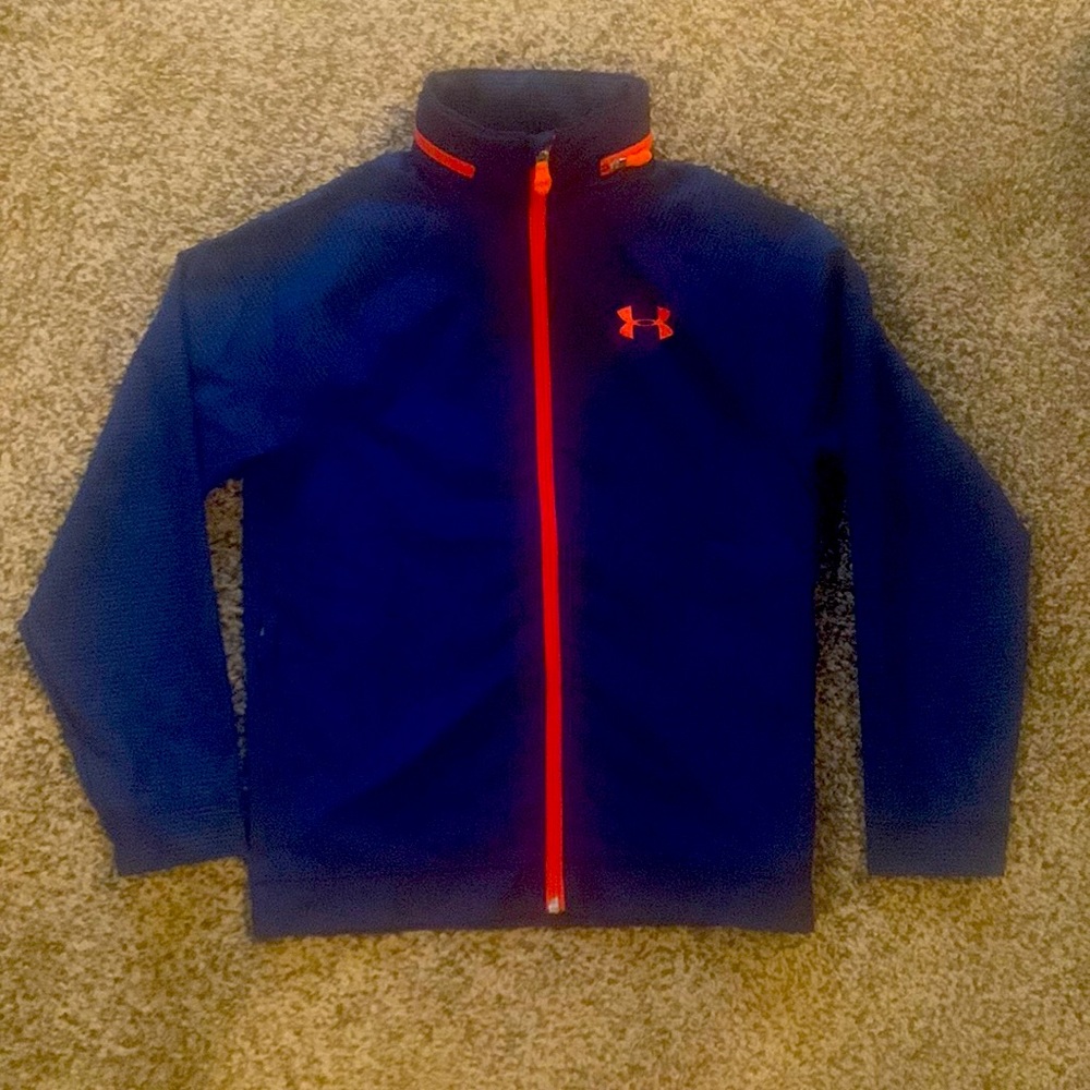 Youth size small hooded Under Armour jacket, blue and orange
